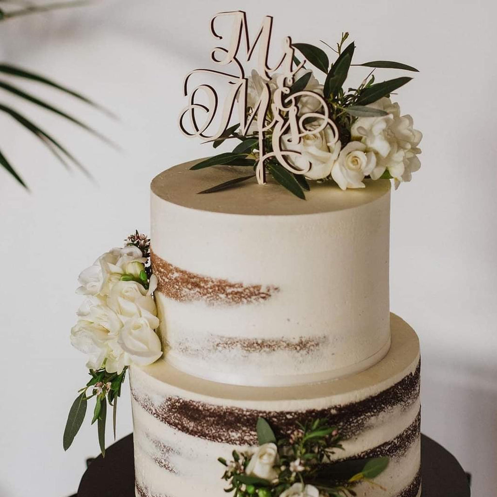 Mr and Mrs personalised wedding cake topper in gold mirror acrylic by Love from Seventeen NZ — $25