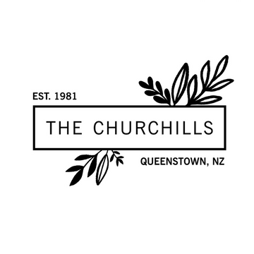 Black and white logo for The Churchills with leafy branches, EST. 1981 left, QUEENSTOWN, NZ right. Minimalist rectangular border—ideal for a Personalised Bamboo Platter/Serve Board (Two Sizes Available) in New Zealand.