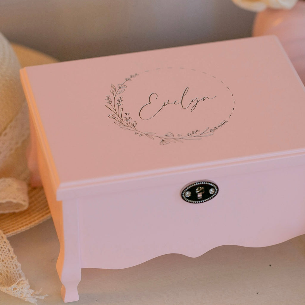 Personalised musical jewellery box engraved with name in floral script — Love from Seventeen NZ $159