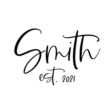 The image displays "Smith" in large, elegant cursive with "est. 2021" beneath, mirroring the stylish design of our Personalised Bamboo Platter/Serve Board (Two Sizes Available)—a cherished gift for New Zealand families.