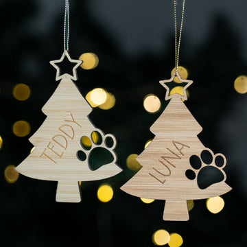Two wooden Christmas tree ornaments with names &