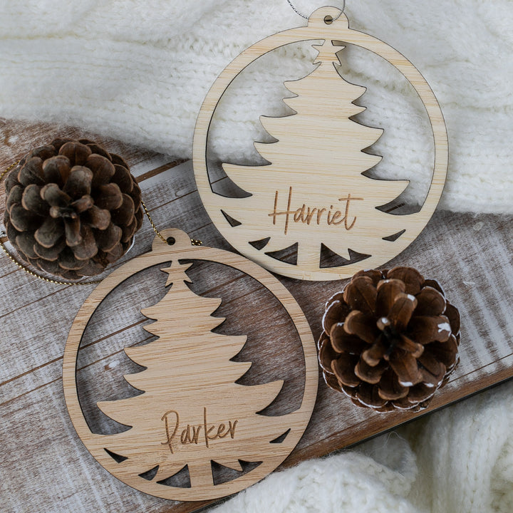 Wooden Christmas tree ornaments with engraved names &