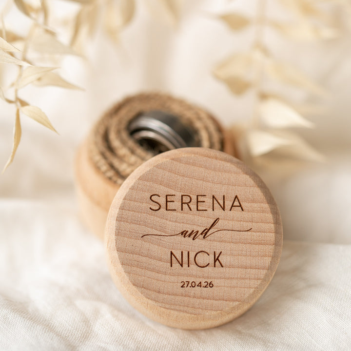 A Personalised Ring Box with a wooden lid engraved with Serena & Nick&