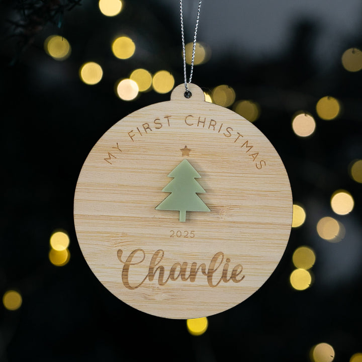 Wooden Christmas ornament with tree design and text &