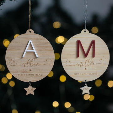 Two wooden Christmas ornaments with letters &