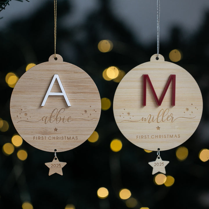 Two wooden Christmas ornaments with letters &