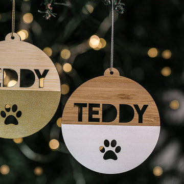 Two personalized pet Christmas baubles with &
