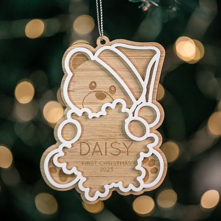 A personalized Teddy Bear Christmas bauble with the name &