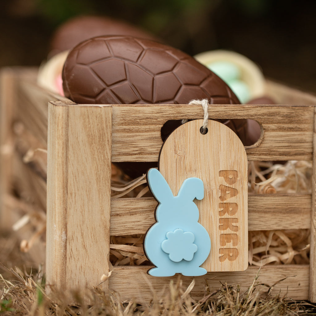 Personalised Cotton Tail Easter Tag handcrafted from bamboo by Love from Seventeen NZ — $14