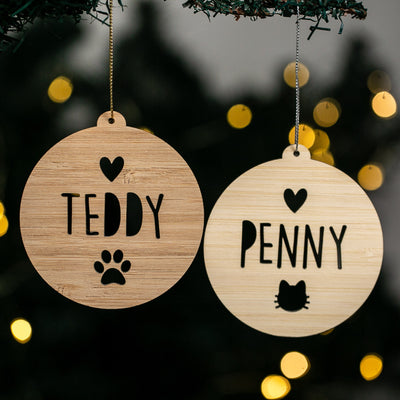 Two wooden ornaments with engraved names and animal icons on a dark background with lights.