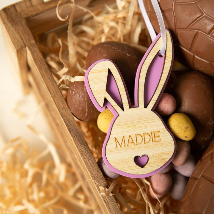 A Personalised Bunny Tales Easter Tag, engraved with Maddie&
