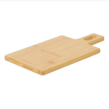 Photographed on a white background, the Personalised Bamboo Platter/Serve Board (available in two sizes) is rectangular with a handle featuring a hanging hole.