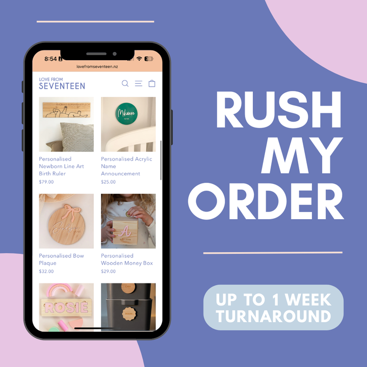 A smartphone shows a shopping page for RUSH MY ORDER - add on Rush Service Fee. Bold text highlights the rush service, and a banner below promises fast delivery within one week on a pastel purple and blue background.