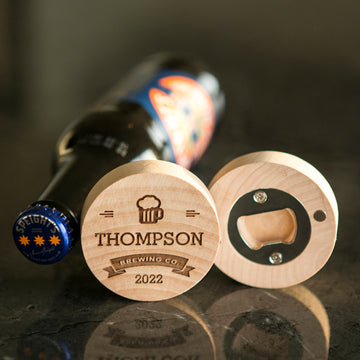 The Personalised Magnetic Bottle Opener (3 designs available), custom engraved with “Thompson Brewing Co 2022” and a beer mug icon, is the perfect gift for men—its magnetic back easily catches caps as you open your favorite beer.