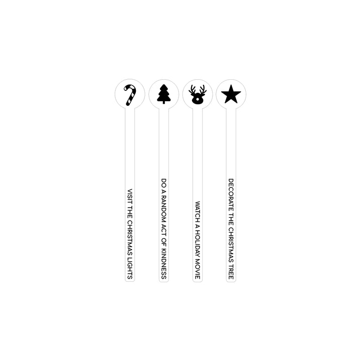 The Activity Advent Calendar Set includes four vertical bookmarks topped with Christmas icons—candy cane, tree, reindeer, and star—each featuring festive prompts like “see Christmas lights” or “do a random act of kindness.”.