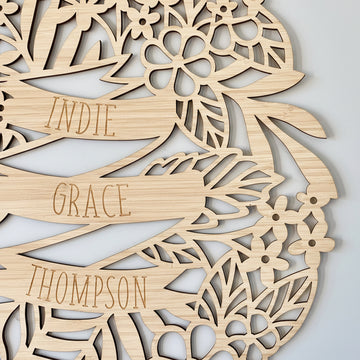The Personalised Tropics Wall Plaque features laser-cut bamboo with floral designs and displays the name Indie Grace Thompson in script on a watercolor floral background, making it a unique addition to any space.