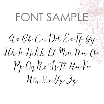 Personalised Announcement Plaque sample shows a handwritten script font with uppercase and lowercase A-Z on a light background. "FONT SAMPLE" is above, with a pink floral sketch in the top right—ideal for name decor or baby milestone cards.