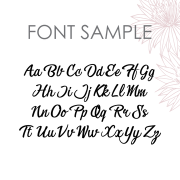 A script font sample shows A–Z in black on a light background with a faint floral design in the top right. The gray heading reads FONT SAMPLE—ideal for your personalised &