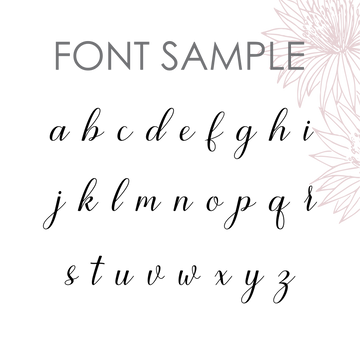 A sample of the Personalised Earring Holder shows an elegant, custom cursive lowercase A–Z alphabet in gray on a light background, with floral line art and “FONT SAMPLE” text, resembling an acrylic earring display in the upper right.