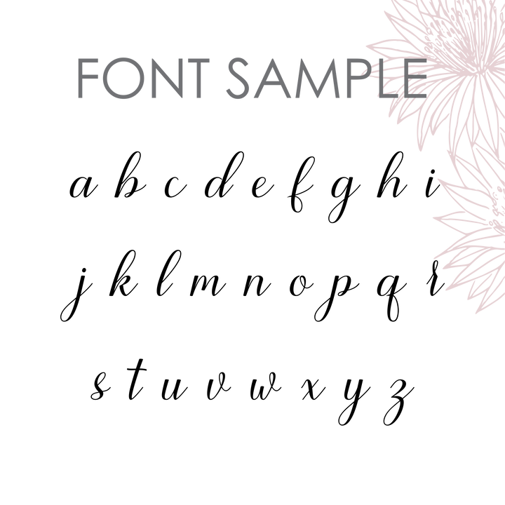 A sample of the Personalised Earring Holder shows an elegant, custom cursive lowercase A–Z alphabet in gray on a light background, with floral line art and “FONT SAMPLE” text, resembling an acrylic earring display in the upper right.
