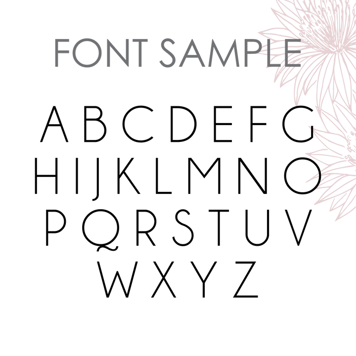A minimalist font sample features the uppercase English alphabet in thin, sans-serif letters. "FONT SAMPLE" appears above light floral line art—ideal for custom made Personalised Earring Holder acrylic display designs.
