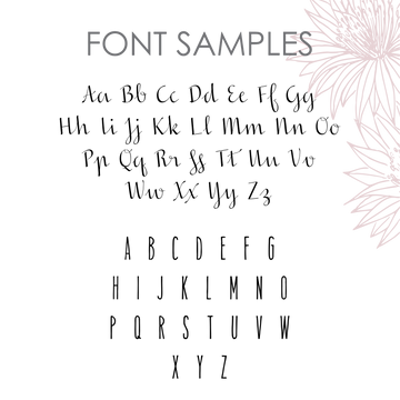 Font samples shown: a cursive script alphabet (upper and lowercase) and a tall, thin sans-serif uppercase. Pink floral line art decorates the top right—perfect for inspiring your Personalised Natural Names Plaque design.