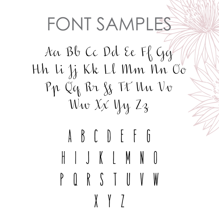 Font samples shown: a cursive script alphabet (upper and lowercase) and a tall, thin sans-serif uppercase. Pink floral line art decorates the top right—perfect for inspiring your Personalised Natural Names Plaque design.