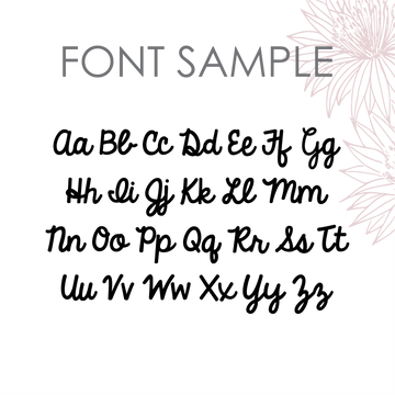 Handwritten script font sample featuring uppercase and lowercase alphabet letters in black on a light background with subtle floral accents—great for designing personalized Teacher Key Ring gifts.