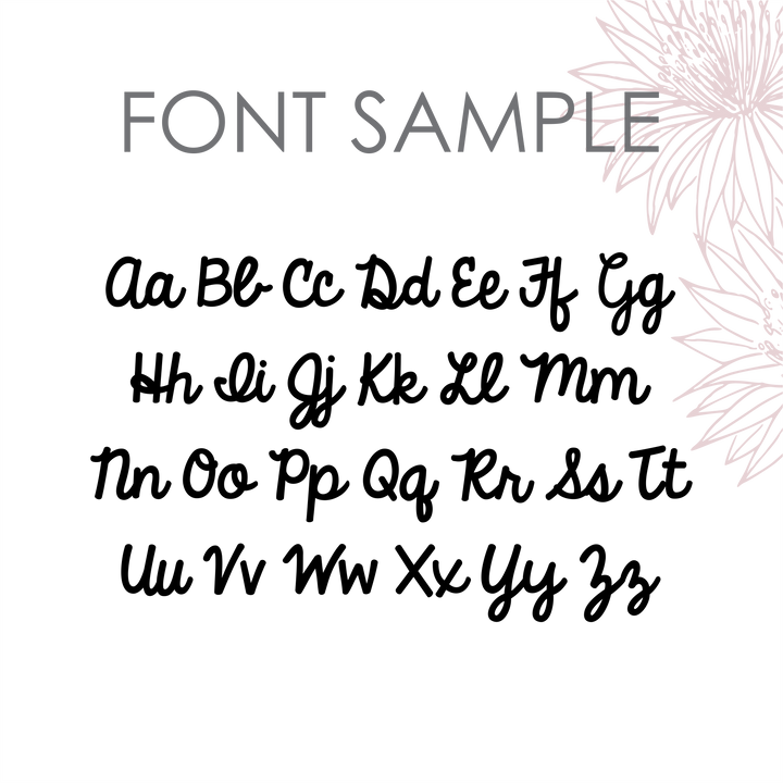 Handwritten script font sample featuring uppercase and lowercase alphabet letters in black on a light background with subtle floral accents—great for designing personalized Teacher Key Ring gifts.