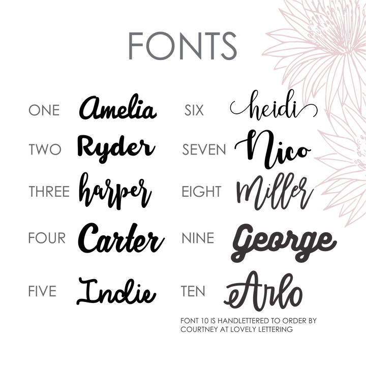 Showcase your custom Mirror Personalised Cake Topper (other colours available) with a font chart featuring ten unique styles—names displayed: Amelia, Ryder, Harper, Carter, Indie, Heidi, Nico, Miller, George & Arlo. Perfect for your next cake!.
