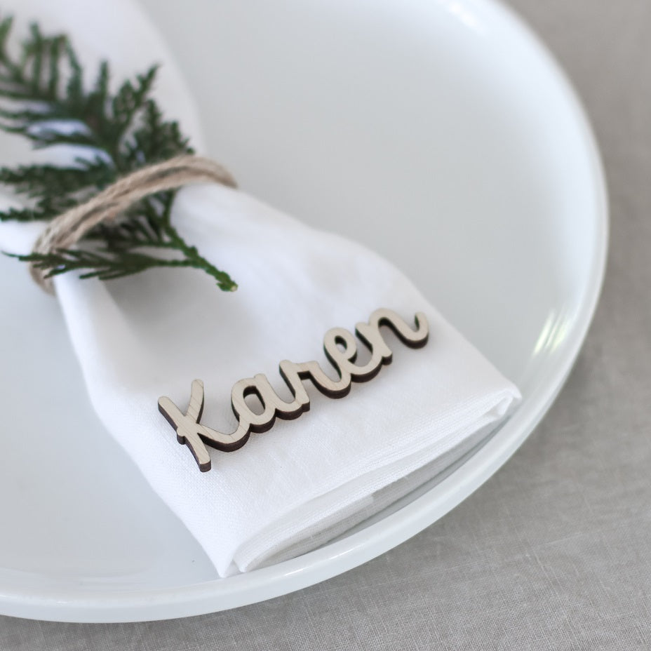 Personalised bamboo wedding place settings laser-cut by Love from Seventeen NZ — $3.60 each