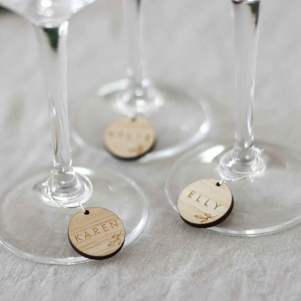 Personalised wine glass charms laser-cut bamboo for weddings by Love from Seventeen NZ — $4.00 each