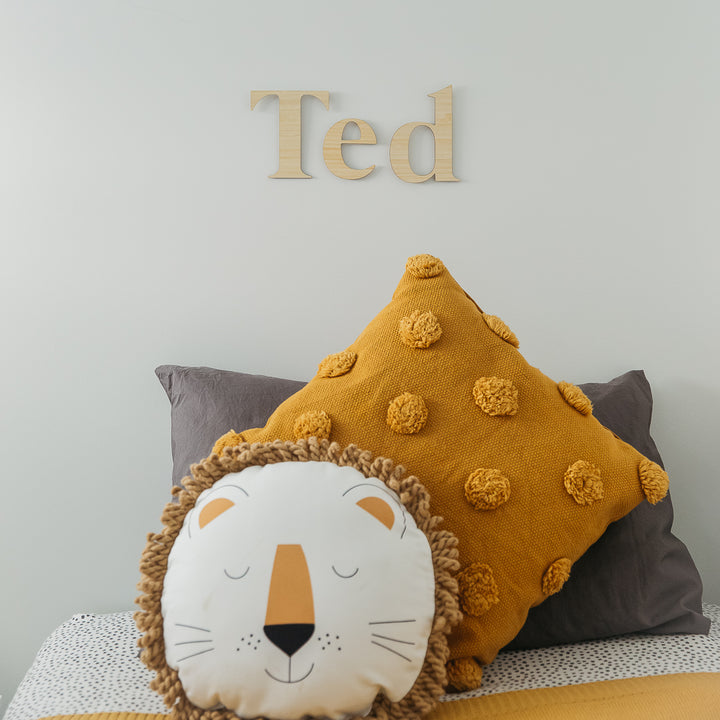Bamboo classic wall lettering saying Ted. Hanging on the wall of a child&