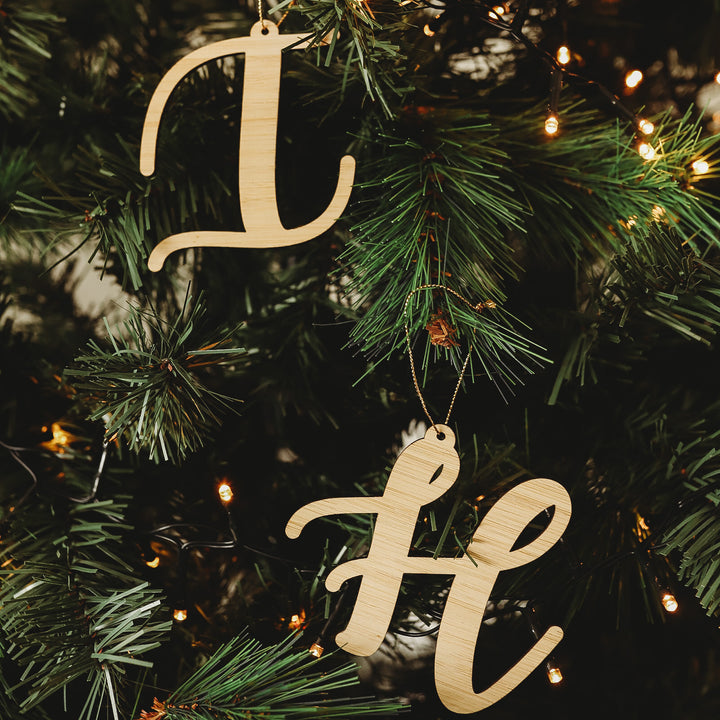 Close-up of a Christmas tree decorated with string lights and two Letter Christmas Ornaments, L and H, hanging among green pine branches. Mirrored acrylic finish adds festive sparkle to the scene.