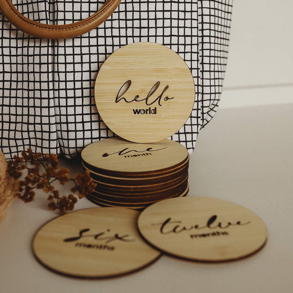 First Year Baby Milestones Set in bamboo — round milestone cards for newborn to twelve months by Love from Seventeen NZ — $49