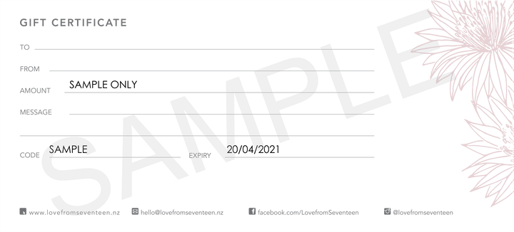 A grey and white sample of the Love From 17 gift card. 