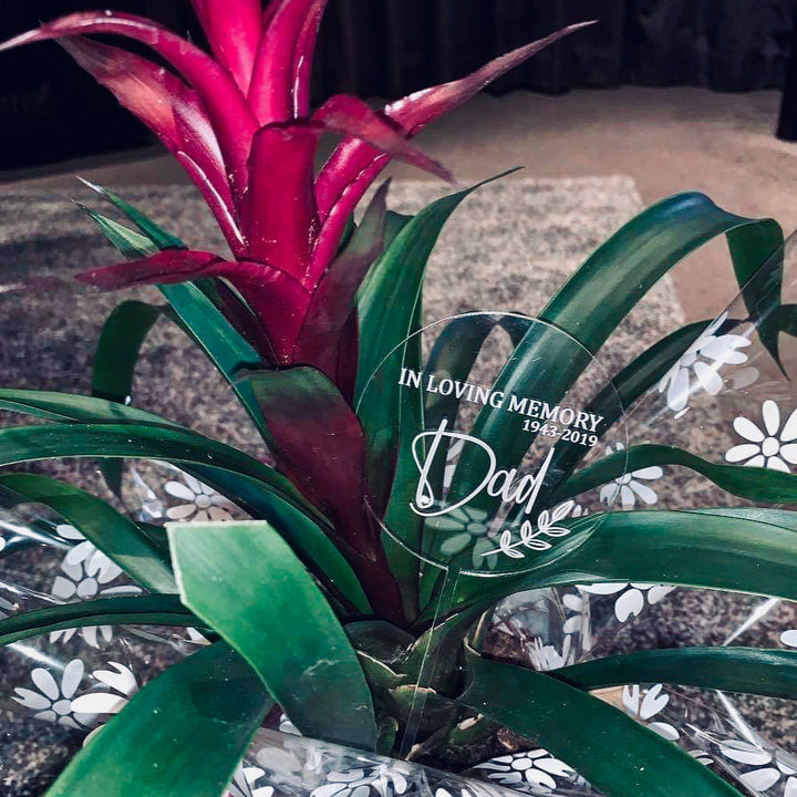 A clear acrylic planter saying In Loving Memory Dad 1943-2019. Sitting in a houseplant. 
